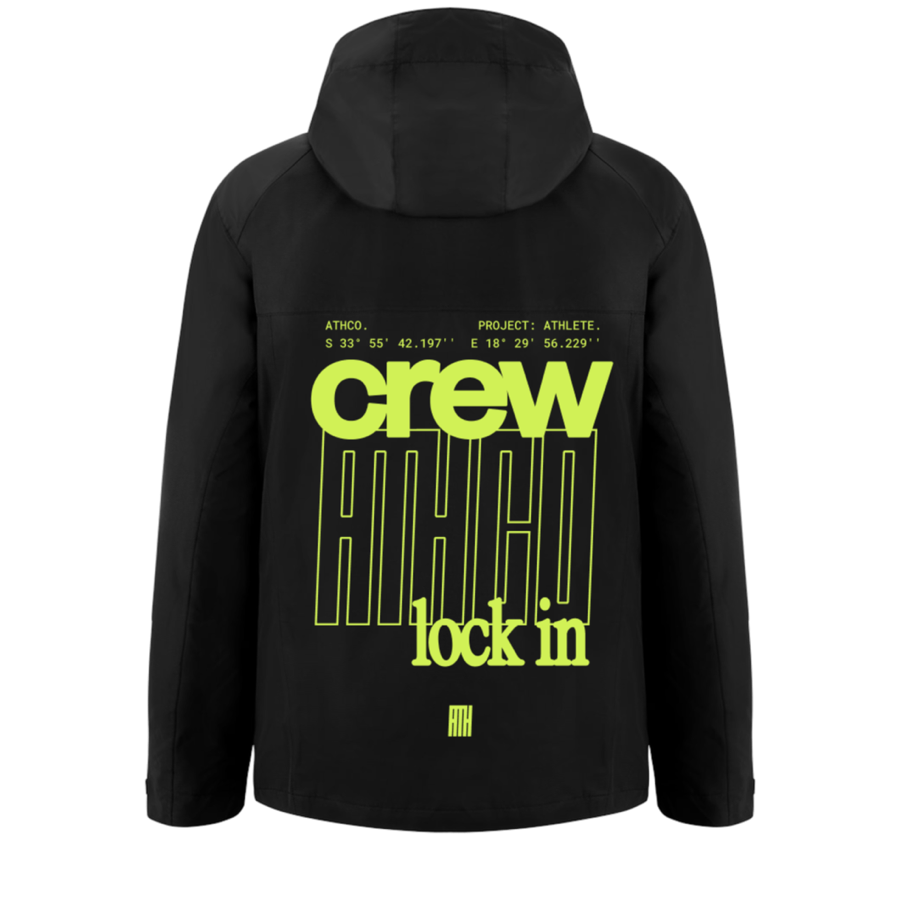 Back-print iteration 01: “crew” over the outlined ATHCO wordmark with “lock in”
