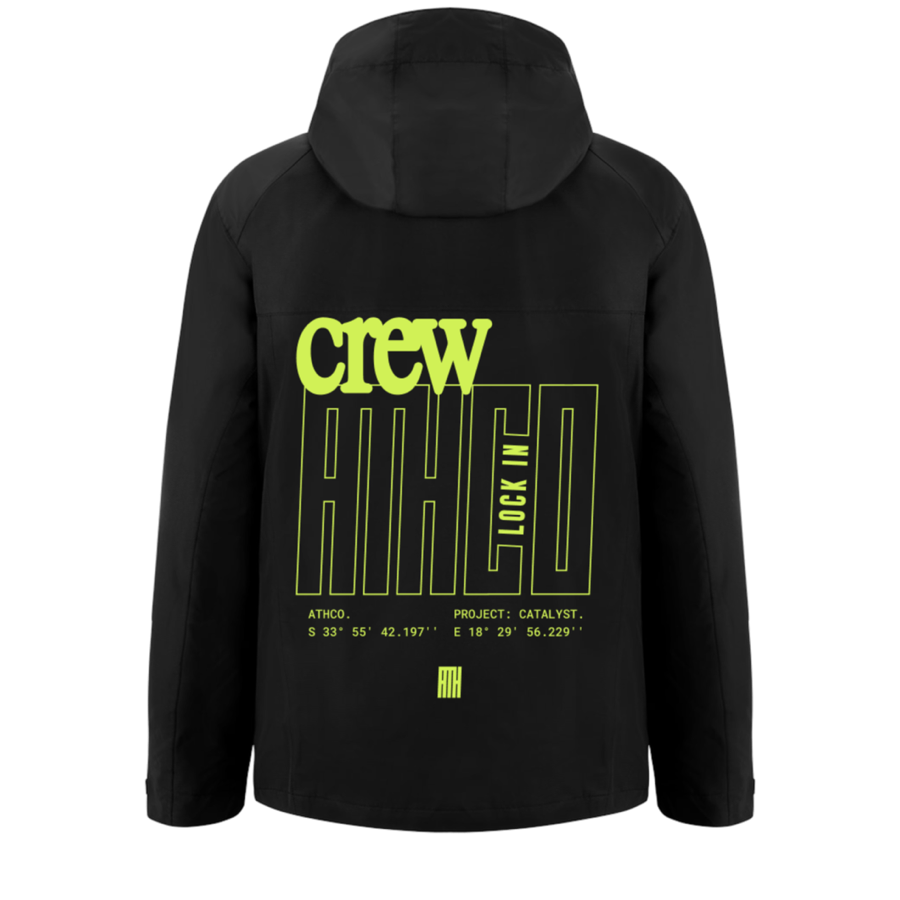 Back-print iteration 02: “crew” with the outlined ATHCO wordmark and vertical “lock in”
