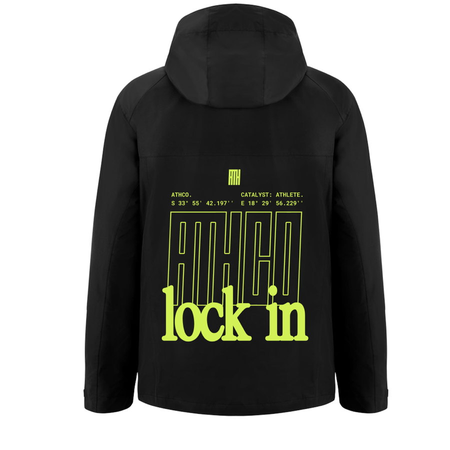 Back-print iteration 04: outlined ATHCO wordmark with “lock in”